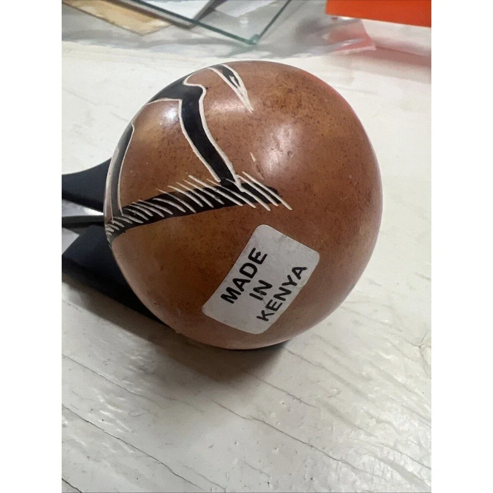 Vtg Large Hand Carved Soapstone Rhino Egg Kenya - Hand Painted Etched 3